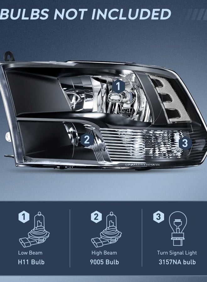 Nilight Headlight Assembly 2009 2010 2011 2012 2013 2014 2015 2016 2017 2018 Ram 1500 2500 3500 Pickup Quad Headlamp Assembly Replacement Black Housing Clear Corner Clear Lens,(Only for Quad Models) - Image 2