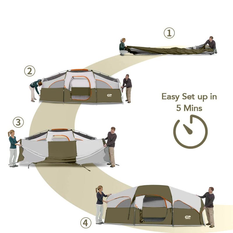 CAMPROS CP Tent 8 Person Camping Tents, Weather Resistant Family Tent, 5 Large Mesh Windows, Double Layer, Divided Curtain for Separated Room, Portable with Carry Bag - Olive - Image 2