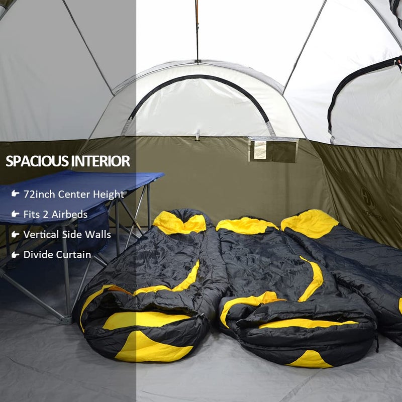CAMPROS CP Tent 8 Person Camping Tents, Weather Resistant Family Tent, 5 Large Mesh Windows, Double Layer, Divided Curtain for Separated Room, Portable with Carry Bag - Olive - Image 3