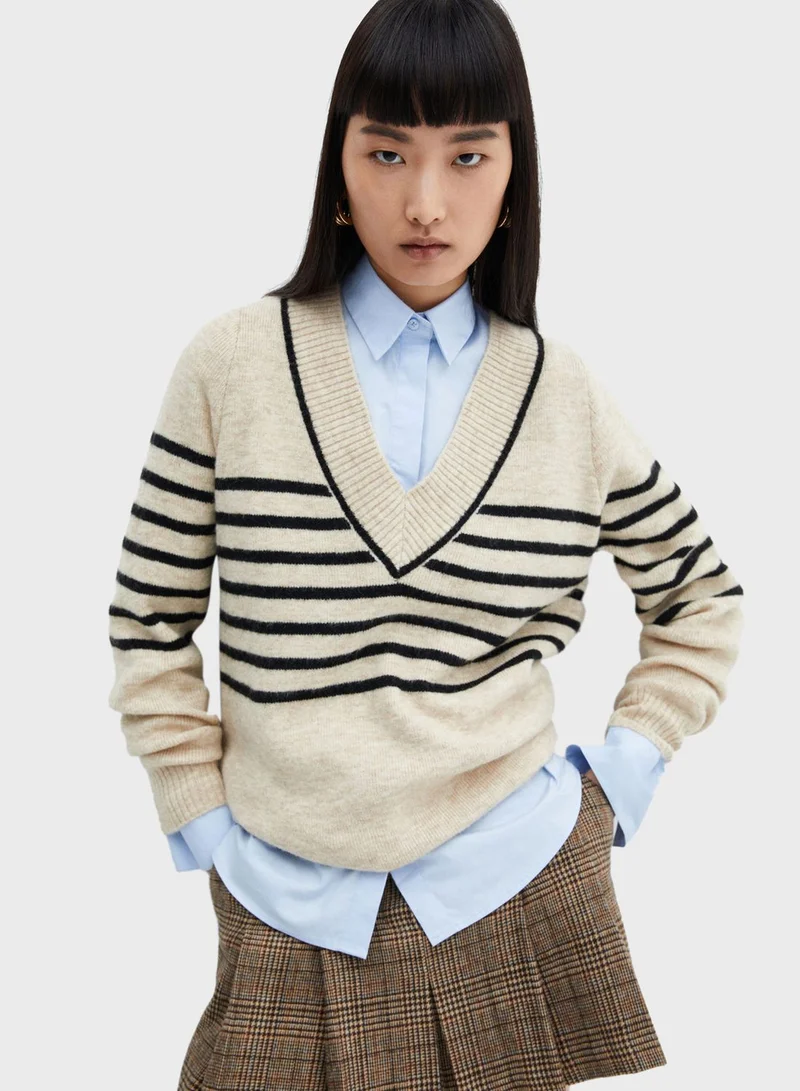 MANGO V-Neck Striped Sweater