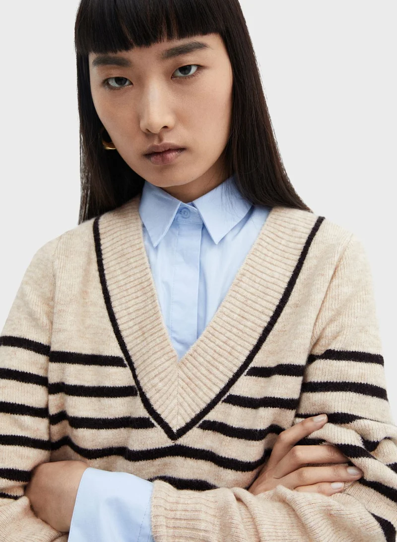 MANGO V-Neck Striped Sweater