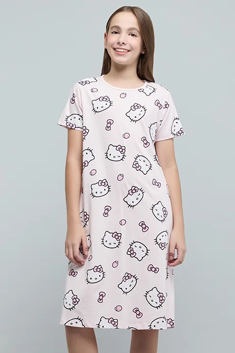 R&B Hello Kitty Print Nightdress with Crew Neck and Short Sleeves