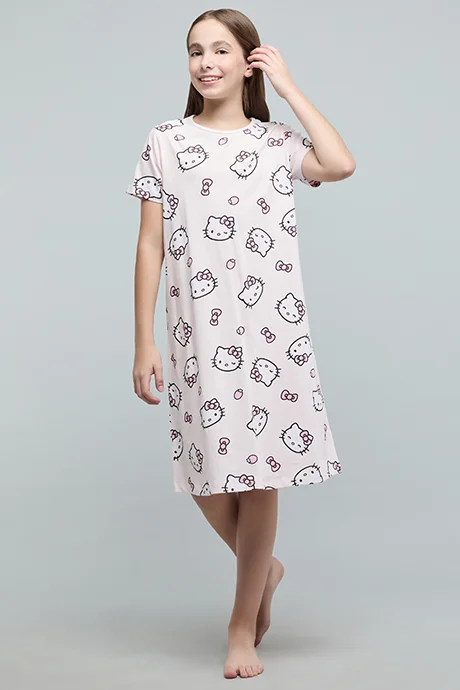 R&B Hello Kitty Print Nightdress with Crew Neck and Short Sleeves