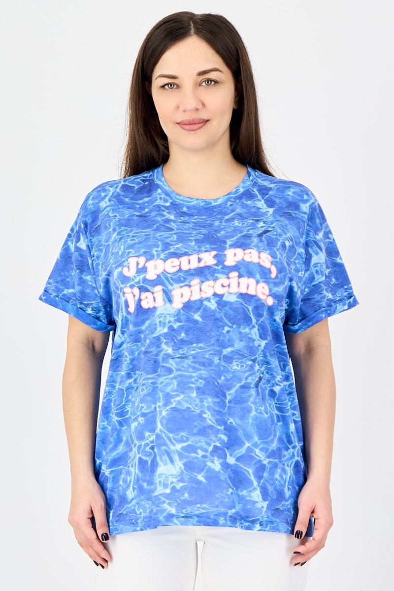 UNDIZ Women Crew Neck Graphic Print Short Sleeve T-Shirt, Blue - Image 1