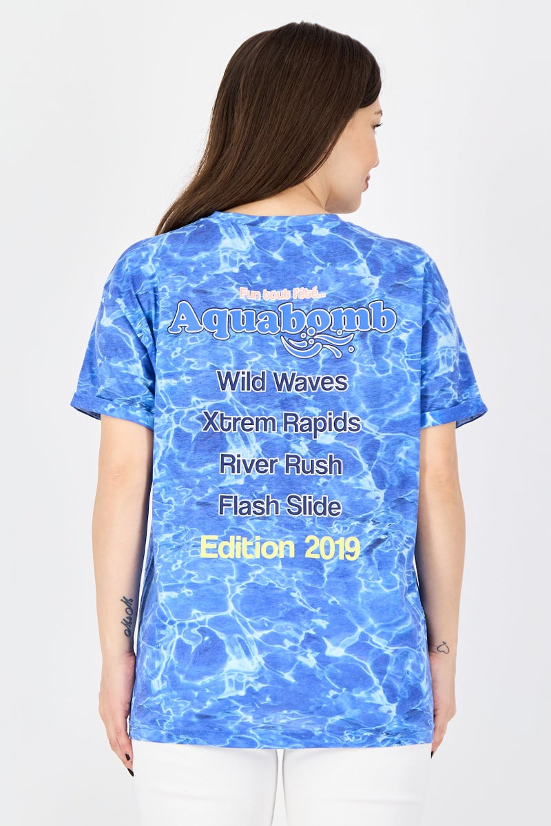 UNDIZ Women Crew Neck Graphic Print Short Sleeve T-Shirt, Blue - Image 3