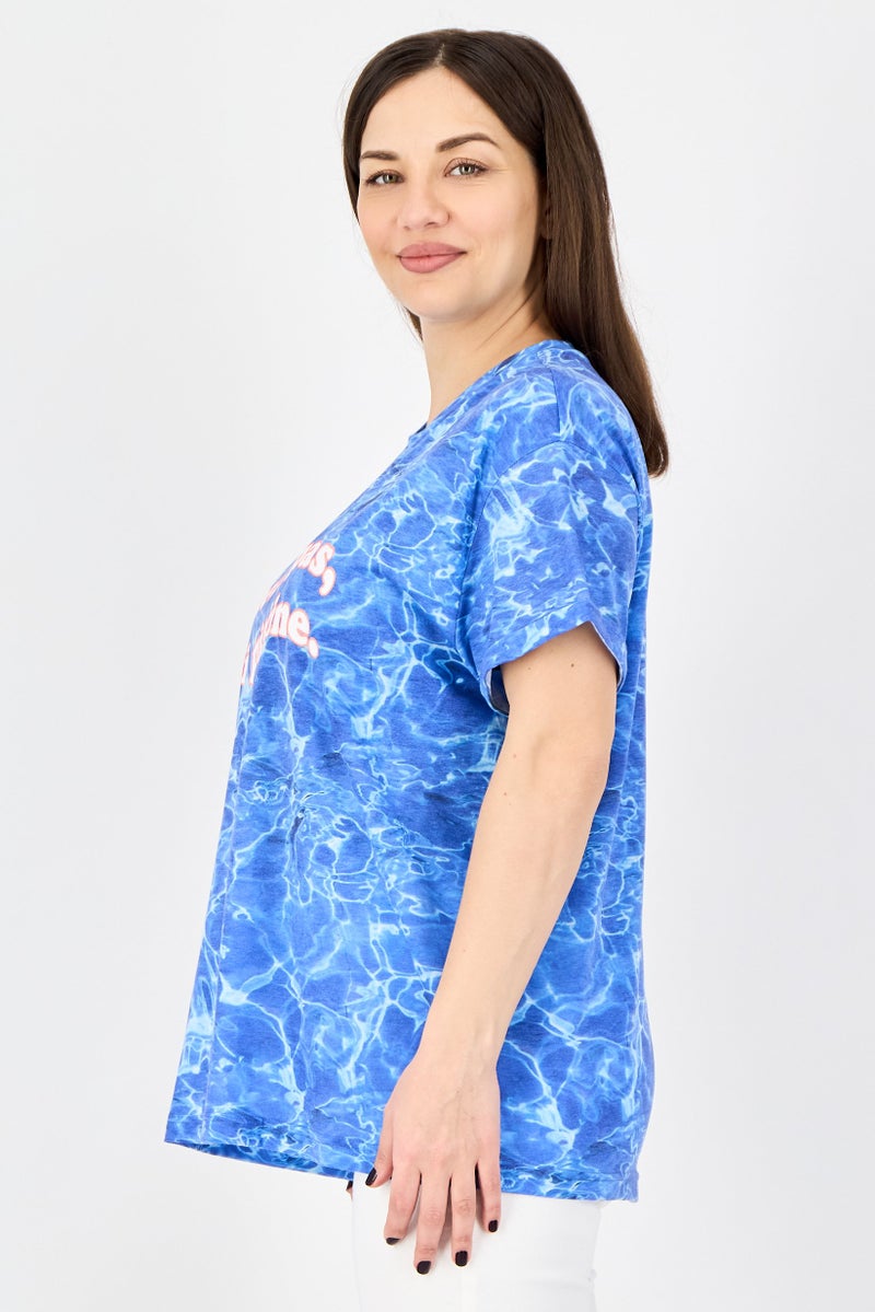 UNDIZ Women Crew Neck Graphic Print Short Sleeve T-Shirt, Blue - Image 2