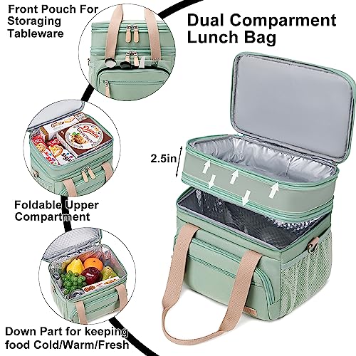 Weitars Insulated Lunch Box for Women Men-Dual Compartment Waterproof Reusable Large Lunch Bag for Women Wide-Open Tote Cooler Bag For Working Picnic Hiking (15L) (Green) - Image 4