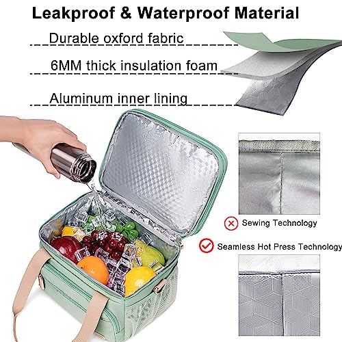 Weitars Insulated Lunch Box for Women Men-Dual Compartment Waterproof Reusable Large Lunch Bag for Women Wide-Open Tote Cooler Bag For Working Picnic Hiking (15L) (Green) - Image 2