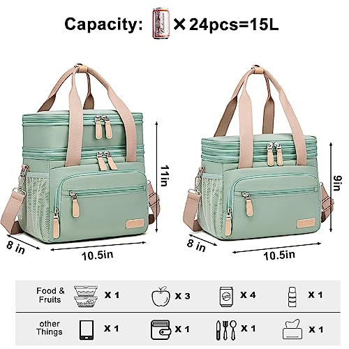 Weitars Insulated Lunch Box for Women Men-Dual Compartment Waterproof Reusable Large Lunch Bag for Women Wide-Open Tote Cooler Bag For Working Picnic Hiking (15L) (Green) - Image 3