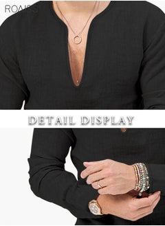 roaiss Men's Cotton Linen Henley Shirt Long Sleeve Hippie Casual Beach T Shirts  - Image 3