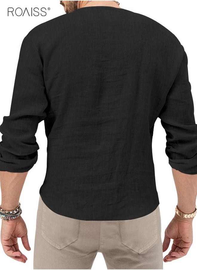 roaiss - Men's Cotton Linen Henley Shirt Long Sleeve Hippie Casual Beach T Shirts - Image 1