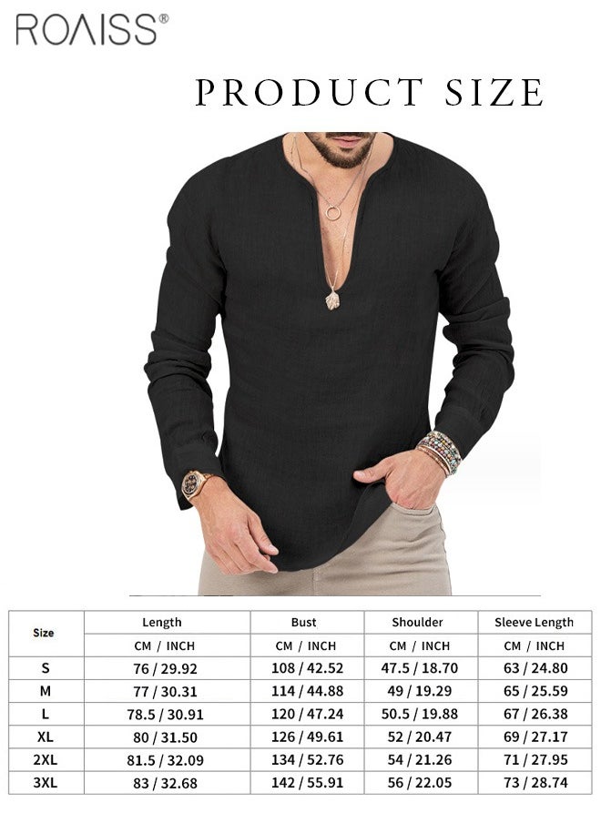 roaiss - Men's Cotton Linen Henley Shirt Long Sleeve Hippie Casual Beach T Shirts - Image 1