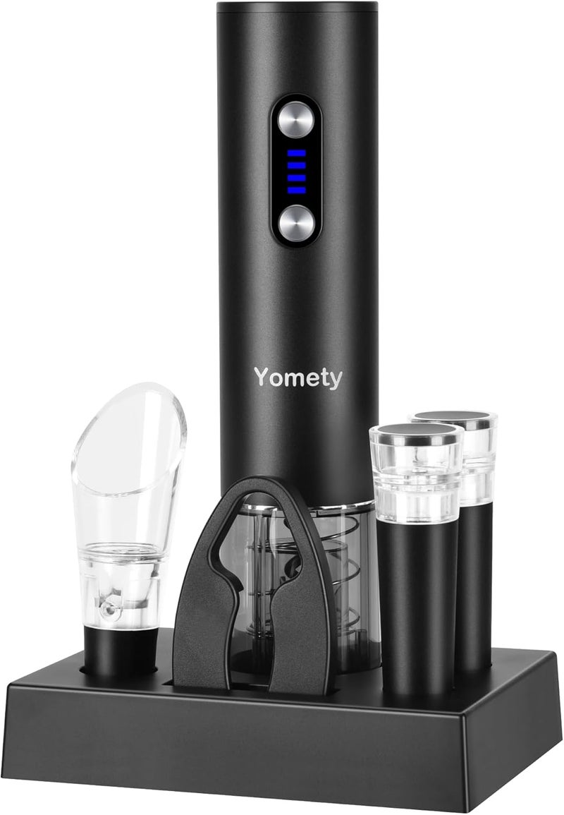 Yomety مجموعة فتاحة كهربائية مع قاعدة، ملحقات تشمل فتاحة زجاجات قابلة لإعادة الشحن، هواء، سدادات وقاطع ورق الألمنيوم - هدايا مثالية لعشاق النبيذ - Image 1