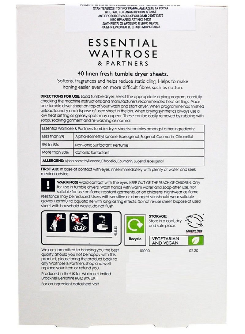 ESSENTIAL WAITROSE & PARTNERS Linen Fresh Tumble Dryer Sheets 40 Sheets - Image 2