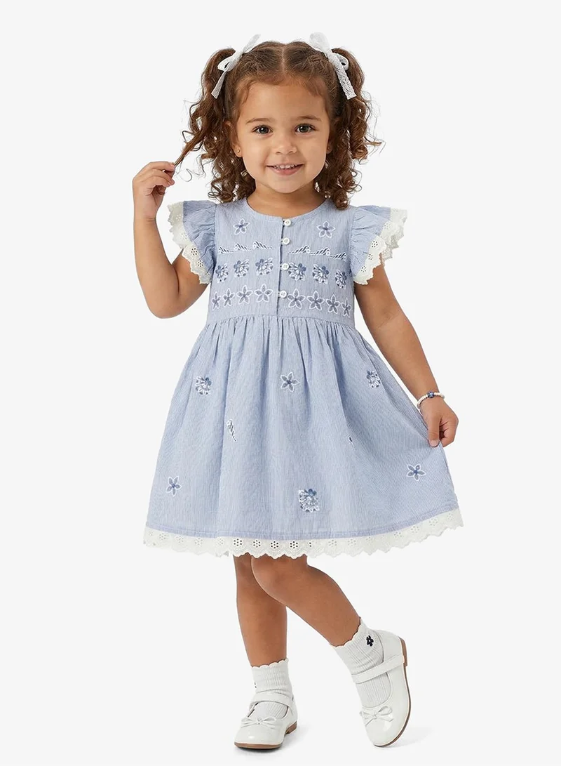 ريبلز مع نمشي Girls Embroidered Cotton Dress with Lace Trims