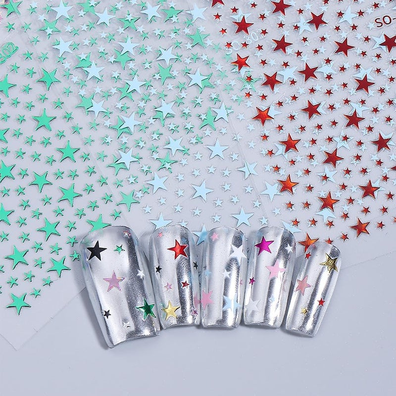 SPLOCUDU 10 Sheets Star Nail Stickers 3D Glitters Starlight Nail Art Stickers Shiny Stars Self-Adhesive Nails Decals Black White Red Purple Laser Silver Gold for Women - Image 3