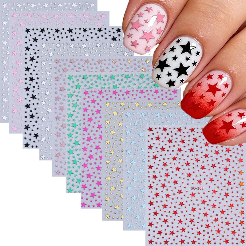 SPLOCUDU 10 Sheets Star Nail Stickers 3D Glitters Starlight Nail Art Stickers Shiny Stars Self-Adhesive Nails Decals Black White Red Purple Laser Silver Gold for Women - Image 1