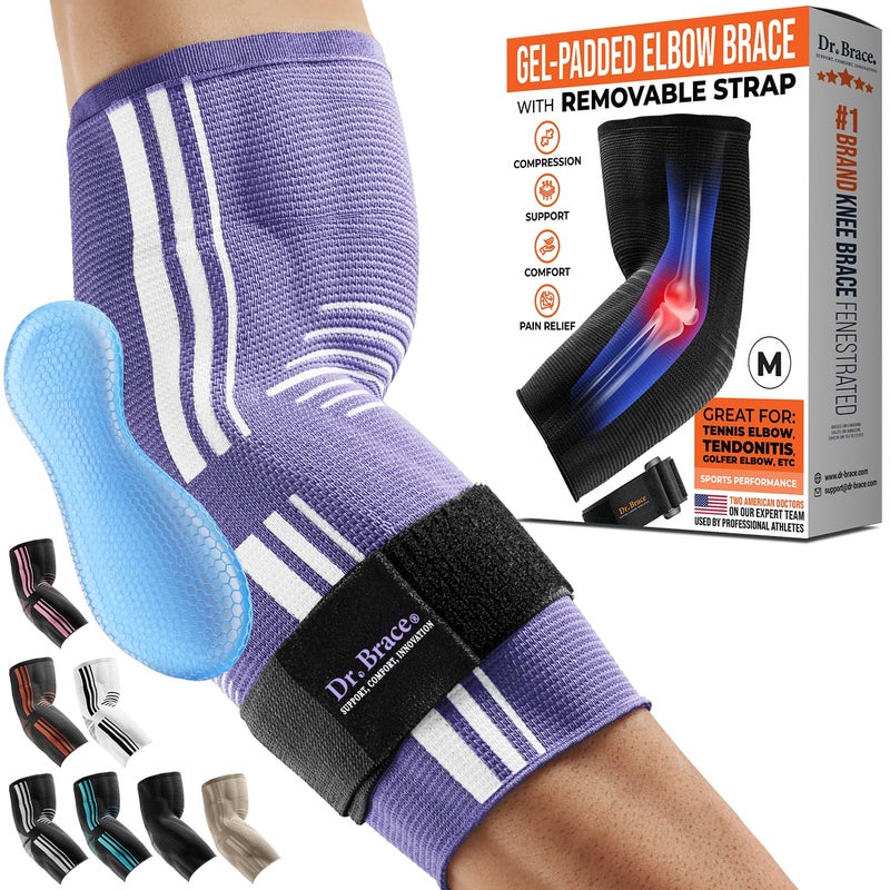 DR. BRACEÂ® Elite Elbow Brace Support, Breathable Elbow Compression Sleeve with Gel Pad for Golfer's, Tennis Elbow & Tendonitis Treatment & Pain Relief 2024 (Purple-White, Medium) - Image 1