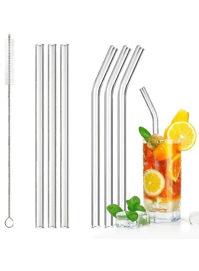 طقم شفاطات زجاجية حرارية 6 قطع مع فرشاة تنظيف – شفاط شفاف قابل لإعادة الاستخدام للمشروبات الساخنة والباردة، شالموه زجاج صحي صديق للبيئة للعصائر والقهوة والسموثي - Image 1