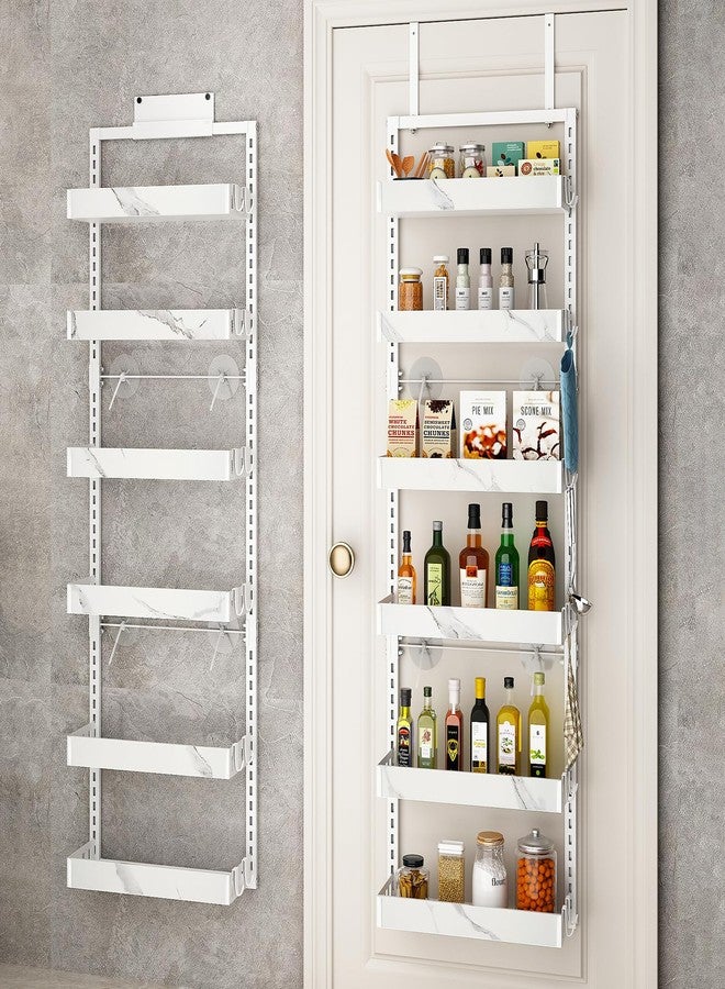 bukfen Over the Door Pantry Organizer, 6-Tier Adjustable Basket Kitchen Pantry Door Organization and Storage, Heavy-Duty Metal Hanging Kitchen Spice Rack,D6.3 x W17.32 x H50.60 inch,White Marble Color - Image 1