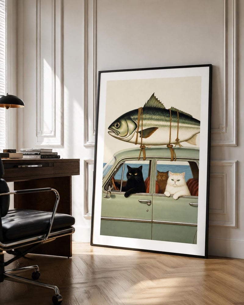 TNESSENTIAL Whimsical Cats Vintage Car Poster, Surreal Fish Roof Art Print - Image 3