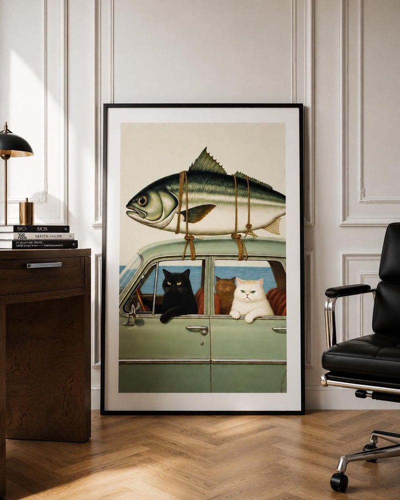 TNESSENTIAL Whimsical Cats Vintage Car Poster, Surreal Fish Roof Art Print - Image 2