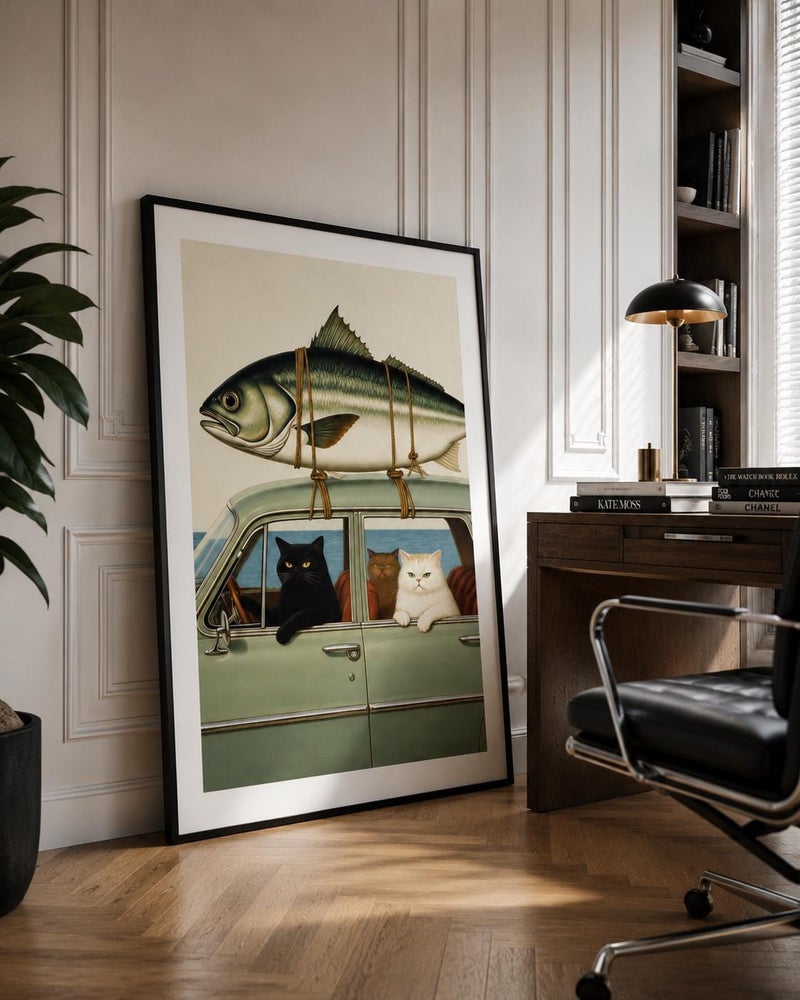 TNESSENTIAL Whimsical Cats Vintage Car Poster, Surreal Fish Roof Art Print - Image 1