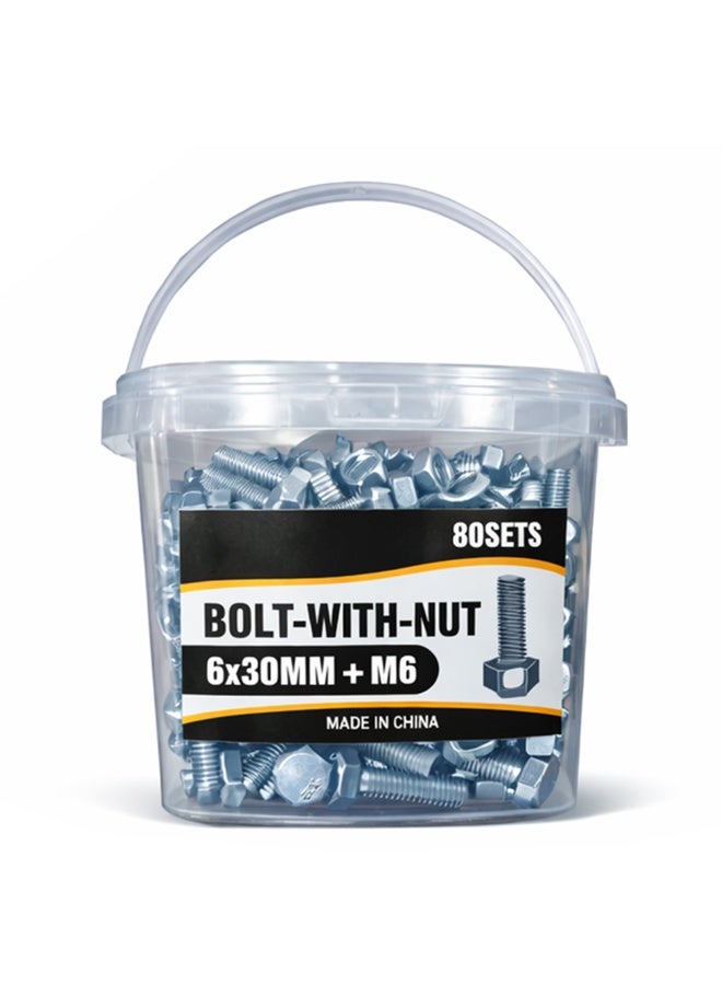 80PCS Hex Head Bolt and Nut Set M6x30mm – Fully Thread GI Plain Finish Screw Bolts with Nuts for Machinery, Construction and General Fixing - Image 1
