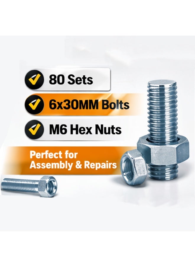 80PCS Hex Head Bolt and Nut Set M6x30mm – Fully Thread GI Plain Finish Screw Bolts with Nuts for Machinery, Construction and General Fixing - Image 4