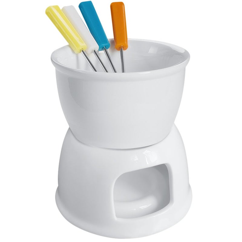 Tebery Tebery Fondue Set with 4 Color Forks Premium Tea Light Porcelain Melting Pot for Cheese Chocolate and Tapas  White 