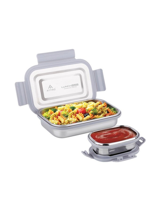 ATTRO Lunchmate Stainless Steel Lunch Box with 1 Small Container Airtight Spill-Proof BPA Free Food Grade Ideal for Office, School, Picnic, 800ml+180ml- Grey - Image 1