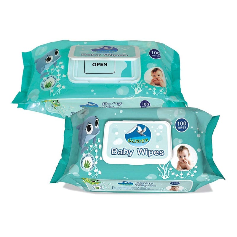 Glider Baby Wipes with Lid/Flip-Top | Soft, Gentle & Moisturizing | Enriched with Aloe Vera & Vitamin E | (Pack of 2 – 200 Wipes) - Image 1