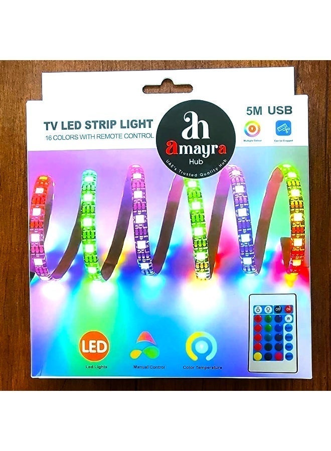 شريط إضاءة LED RGB بطول 5 أمتار - يعمل بمنفذ USB مع جهاز تحكم عن بعد - إضاءة محيطية بـ 16 لونًا - Image 3