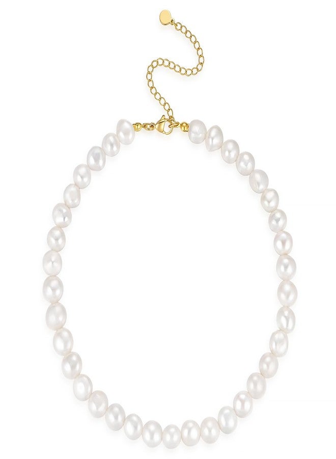 NUZON 14K Gold Plated Dainty Choker Necklace for Women & Girls | Snake, Cuban Link, Paperclip, Ball Beaded, Tennis Chain, Natural Freshwater Pearl Necklace Fashion Jewelry Gift, Gold Plated, Pearl - Image 1