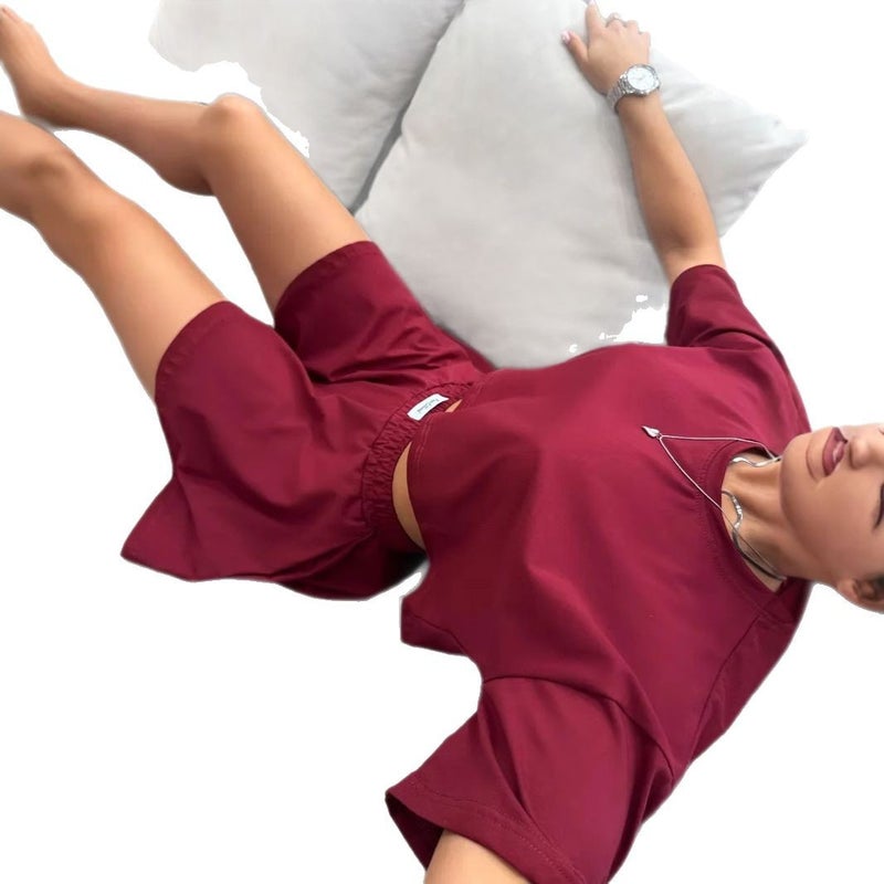 مجموعة قطعتين بأكمام قصيرة وشورت نسائي عادي جديد 2026 بلون سادة - Image 5