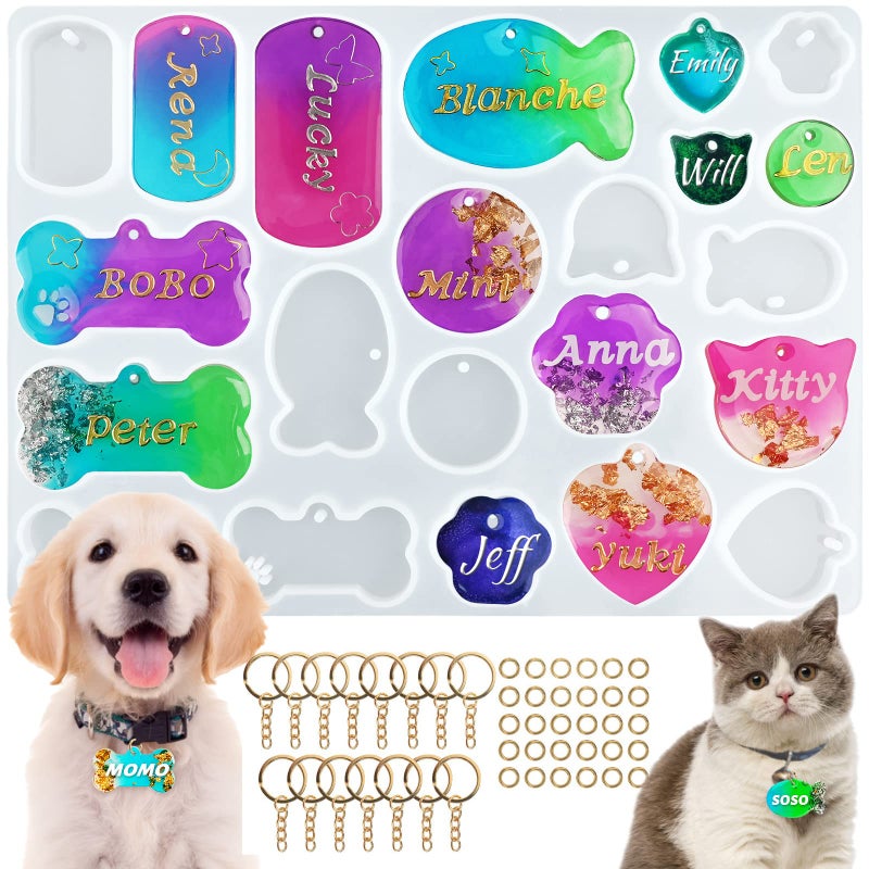 Actvty Pet Tag Resin Mold Silicone Dog Tag Molds for Resin Dog Bone Cat Shaped Keychain Silicone Resin Molds with 15Pcs Keychains DIY Crafts Making Tag Charm Pendant