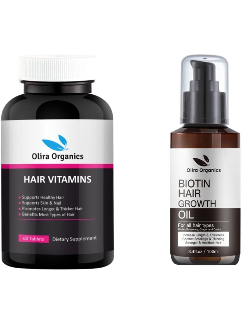 Olira Organics - Hair Vitamins 60 Tablets | Biotin Rosemary Hair Growth Oil With Castor & Ginger 100ml |Advanced Formula With 5% Redensyl, 2.5% Anagain & 2% Baicapil | Scalp Strengthening- Nourishing Treatment For Dry Damaged Hair Split Ends - Image 1