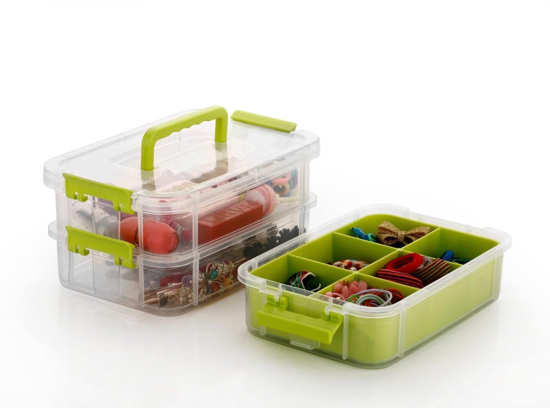Shuttle Art Plastic Storage Box - 2 Layer Stack & Carry Box,Transparent Rectangular Multi Utility Detachable, Portable & Stackable Space Saving Organiser with Lid - Image 1