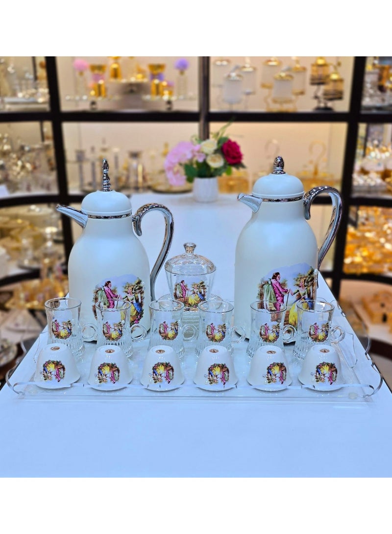 22Pcs Set For Ramadan Kareem Arabic Tea Coffee Set with Tray Silver Plated Thermos, 6 Cawa Cups 6 Saucers Sugar Bowl and Tray