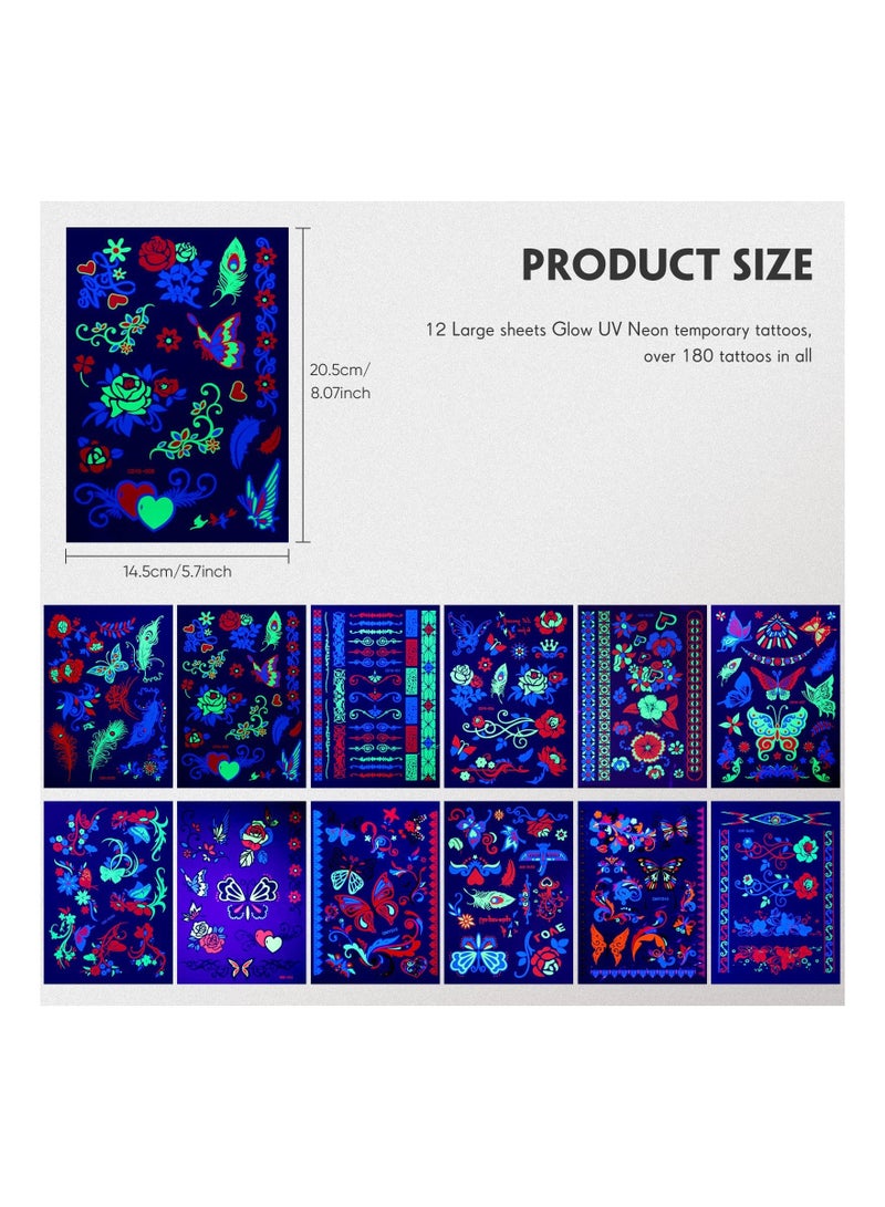KASTWAVE 12 Sheets Temporary Tattoos, Large Glow In The Dark Tattoo Neon Temporary Makeup, Festival Accessory, Fake Face Butterfly Tattoo UV Blacklight For Women Party Supplies (Butterfly Style) - Image 5