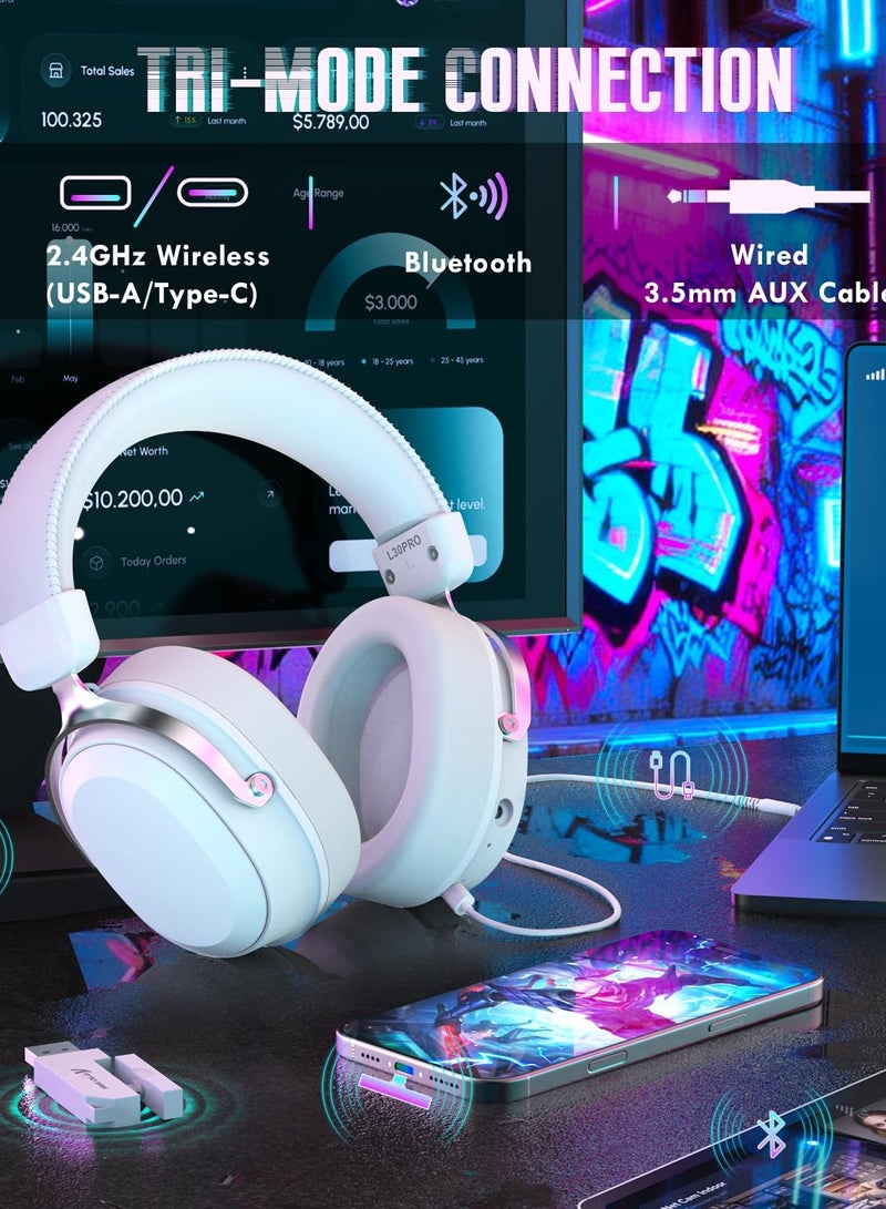 هجوم القرش سماعة ألعاب لاسلكية L30PRO، صوت محيطي 7.1، مكبرات صوت 50 مم، زمن استجابة منخفض 20 مللي ثانية، ميكروفون قابل للفصل بخاصية إلغاء الضوضاء، هيكل من سبائك الألومنيوم، اتصال رباعي الأوضاع - أبيض - Image 2