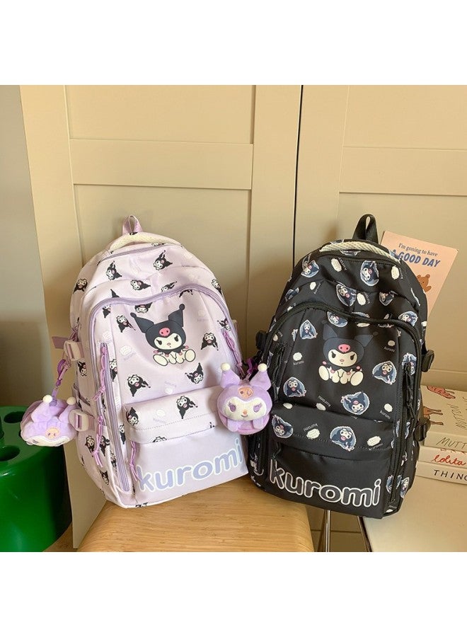 Cartoon Student Schoolbag Cute Korean-style Large Capacity Class Backpack All-match Small Fresh Junior High School Student Bag Women's Bag-Color:Purple Kurome (with Pendant)-Size:30*18*43  - Image 3