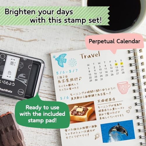 Someie Perpetual Calendar Rubber Stamp Set｜Consolidated Numbers Stamp English GRJ-5ACE，Stamp Pad IROMOYO Traditional Japanese Ink Colour Black (Sumi-Iro) HAC-1-K & Sticky Notes Set - Image 2