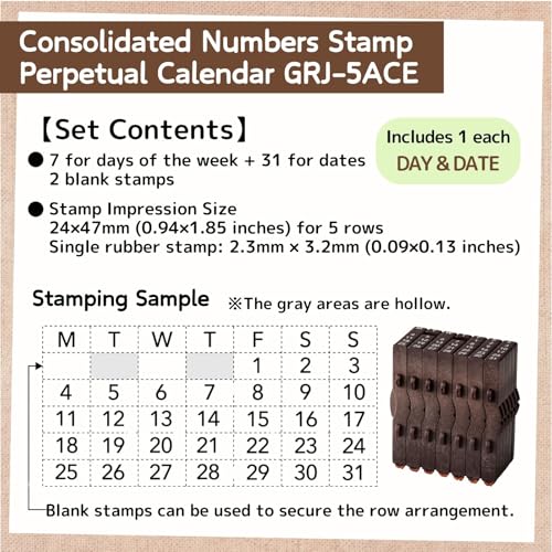 Someie Perpetual Calendar Rubber Stamp Set｜Consolidated Numbers Stamp English GRJ-5ACE，Stamp Pad IROMOYO Traditional Japanese Ink Colour Black (Sumi-Iro) HAC-1-K & Sticky Notes Set - Image 3
