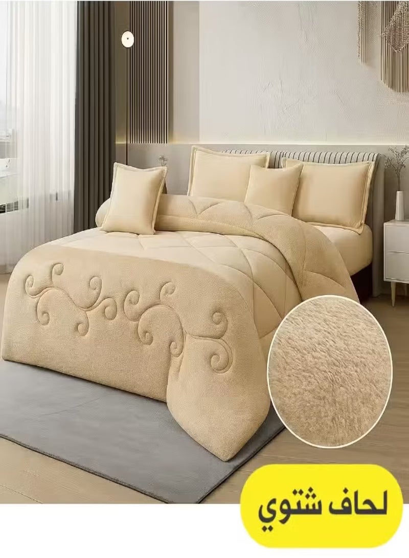 مينج لي مفرش شتوي نفرين نظام وجهين وجه مخمل وجه فرو - طقم مفارش 6 قطع ( 1 لحاف + 1 وشرشف مطاطي + 4 أغطية وسائد ديكورية ) يناسب سرير مقاس 200x200 سم - Image 1