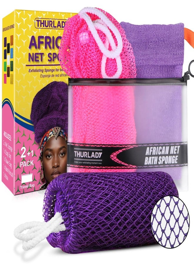 THURLADY African Exfoliating Net Sponge, 2 Pack Exfoliating Body Back Scrubber Bath Sponge for Shower, Exfoliating Washcloth Loofah Towel, Full-Body Gentle Cleansing & Daily Exfoliation, Pink Purple - Image 1