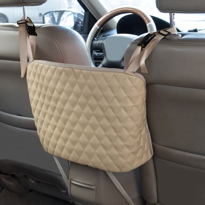 Car Organizers and Storage Purse Holder Large Capacity Car Net Pocket Handbag Holder Automotive Consoles Backseat Organizer Leather Back Seat Bag Between Car Front Seats Beige