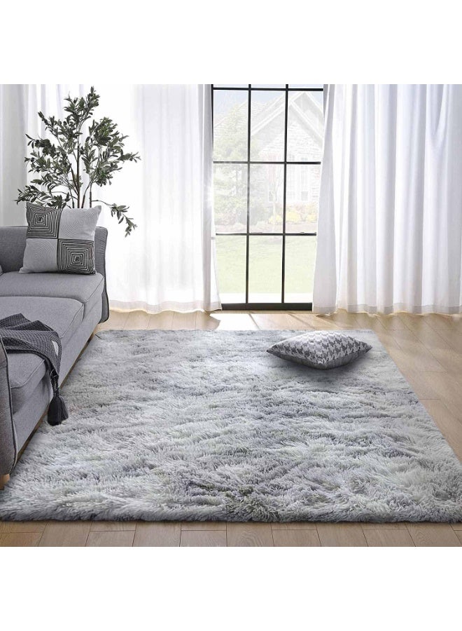 Fluffy bedroom carpet, area carpet, soft floor mat, anti slip living room carpet, fluffy plush carpet, living room home decoration (gray white, 80x120cm) - Image 1