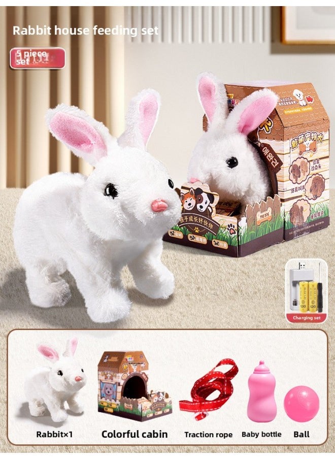 Children's Electric Simulation Bunny Plush Toy Girl Pet White Rabbit Doll Girl Birthday Gift-Color:White Rabbit Feeding Suit [house] Charging  - Image 1