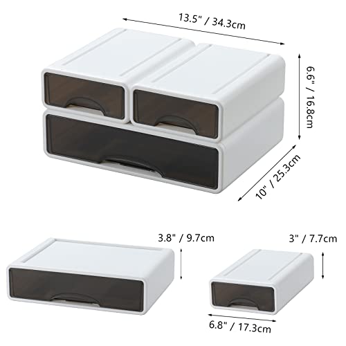 OSteed White Desktop Drawers for Paper, Stackable Office Storage Drawers for Desk, Craft Organizer and Storage Bins, 3 Mixed Storage Container with Plastic Drawers for Office Supplies - Image 2